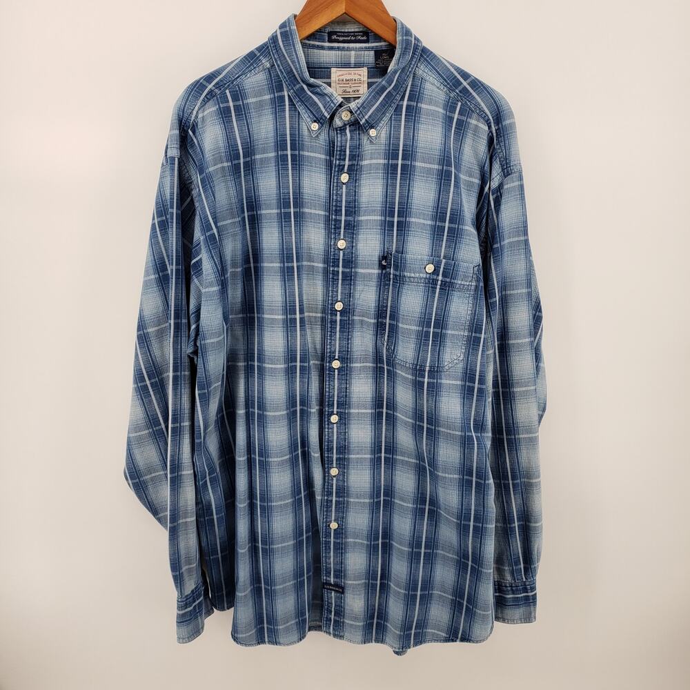GH Bass & Co Men's XL Long Blue Indigo Long Sleeve Button Front Casual Cotton